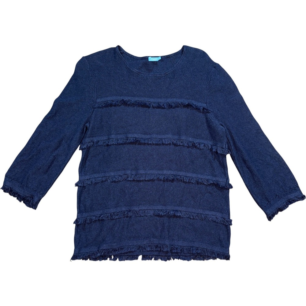 J.McLaughlin Navy Blue Cotton Fringe Trim Knit Sweater Top Womens Medium